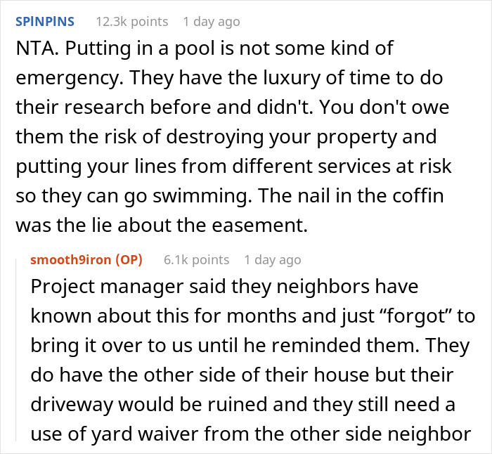 Reddit discussion about neighbors' yard use and easement issues related to a pool installation. Reddit discussion about neighbors' yard use and easement issues related to a pool installation.