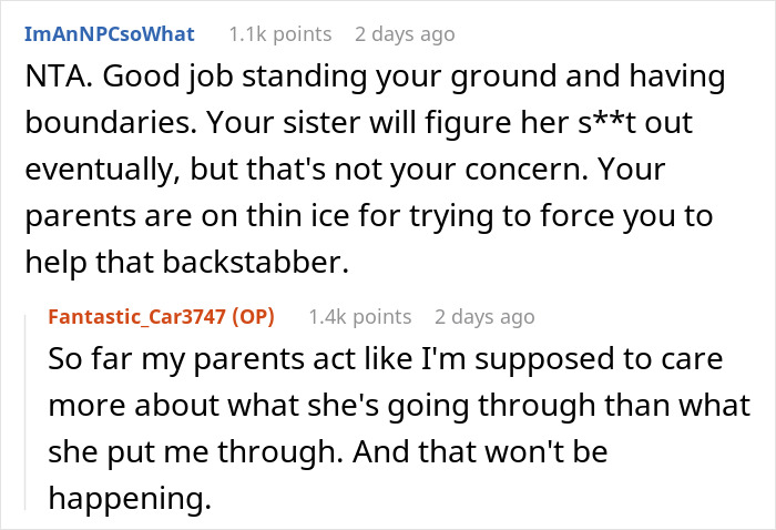 Reddit comments discussing family boundaries and relationship conflict. Reddit comments discussing family boundaries and relationship conflict.