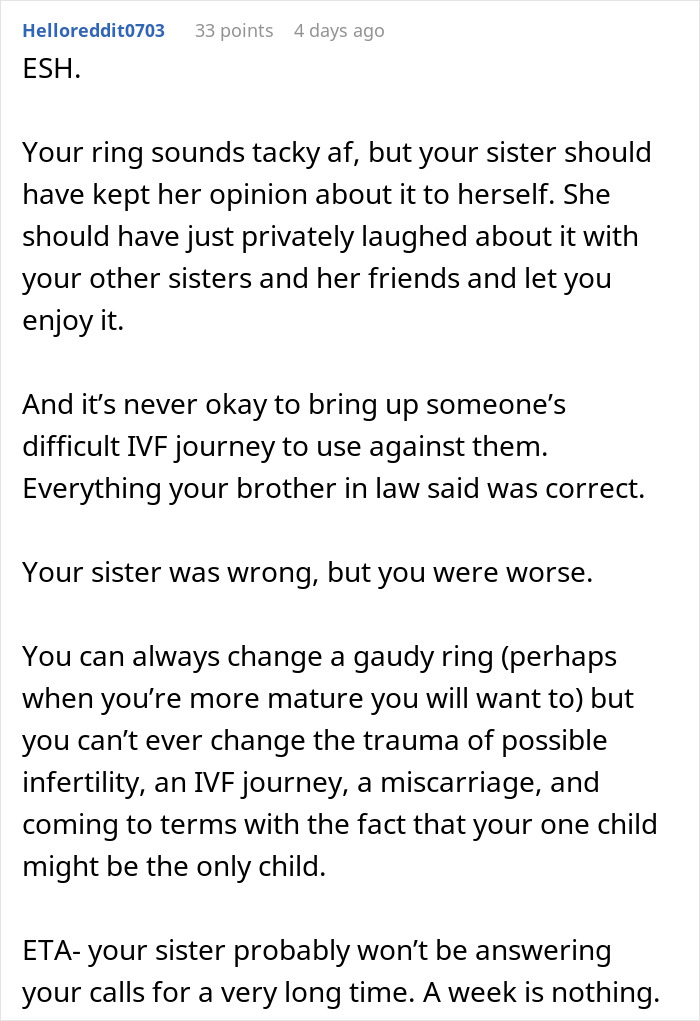 Reddit comment on sibling disagreement about IVF, tacky ring, and family dynamics. Reddit comment on sibling disagreement about IVF, tacky ring, and family dynamics.