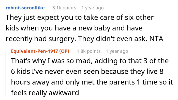 Text exchange about family pressure on woman to care for six kids at brother-in-law's wedding. Text exchange about family pressure on woman to care for six kids at brother-in-law's wedding.