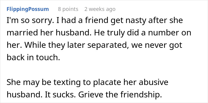 Text conversation discussing friendship issues related to a woman's wedding. Text conversation discussing friendship issues related to a woman's wedding.