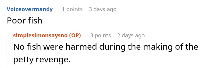 Reddit comments about petty revenge at resort, mentioning fish. Reddit comments about petty revenge at resort, mentioning fish.