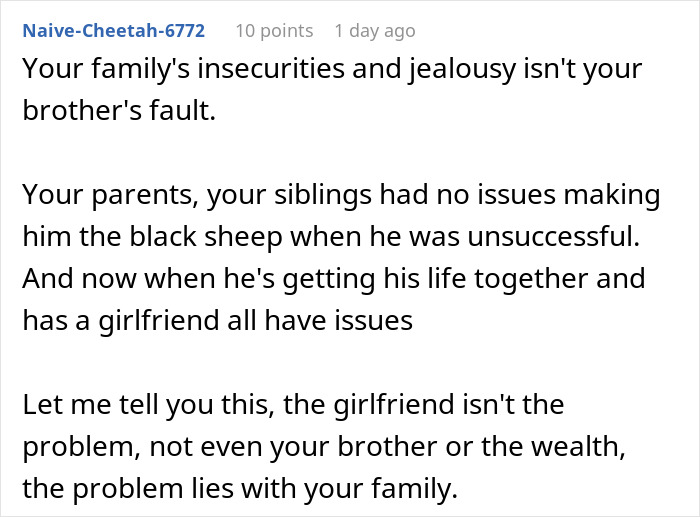 Family conflict over brother dating someone wealthier, focusing on jealousy and insecurities. Family conflict over brother dating someone wealthier, focusing on jealousy and insecurities.