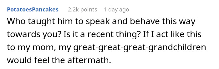 Text exchange about mom dealing with son's entitled behavior through humor and consequences. Text exchange about mom dealing with son's entitled behavior through humor and consequences.