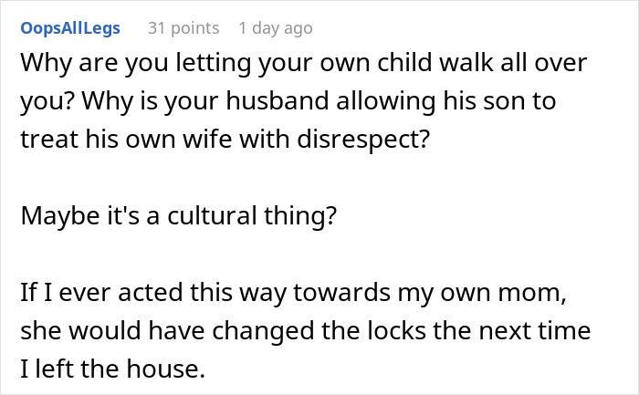 Text discussing mother's response to son's entitled behavior and lack of respect, questioning cultural influences. Text discussing mother's response to son's entitled behavior and lack of respect, questioning cultural influences.