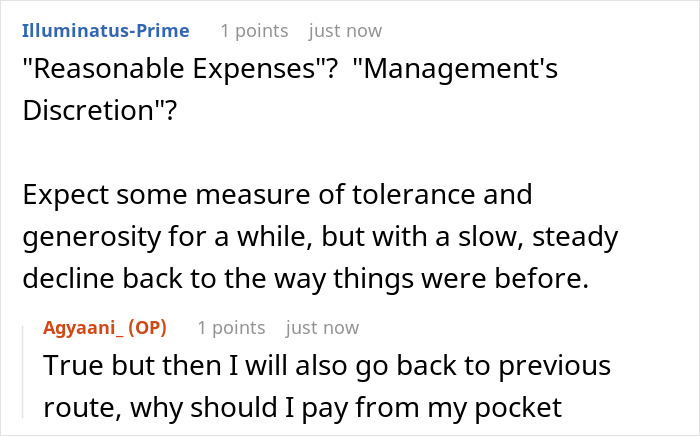 Text exchange about reimbursement policies, discussing the fairness of management's discretion and expenses. Text exchange about reimbursement policies, discussing the fairness of management's discretion and expenses.