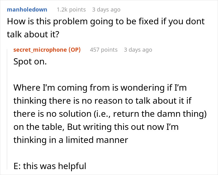 Text exchange about a man upset over a wife's expensive gift, seeking advice on how to handle the situation. Text exchange about a man upset over a wife's expensive gift, seeking advice on how to handle the situation.