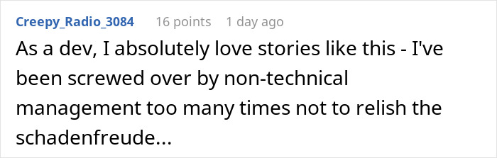Text from a developer expressing satisfaction with chaotic management decisions impacting software. Text from a developer expressing satisfaction with chaotic management decisions impacting software.