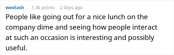 Reddit user comment discussing company lunch preferences and interactions. Reddit user comment discussing company lunch preferences and interactions.