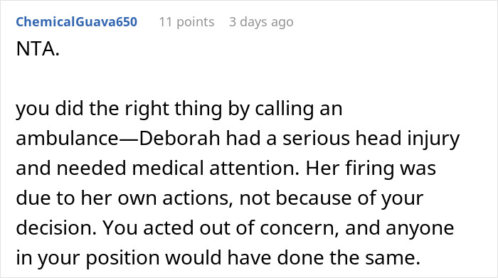 Reddit comment discussing coworker's firing after ambulance call. Reddit comment discussing coworker's firing after ambulance call.