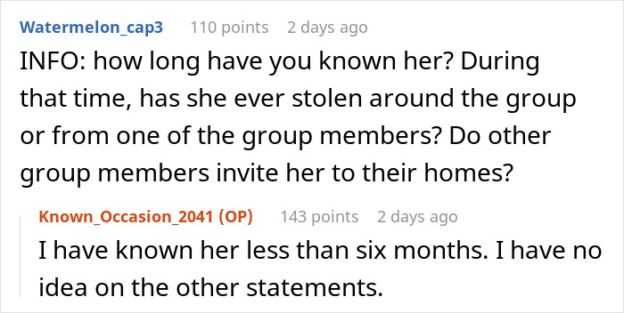 Text exchange discussing a kleptomaniac and group dynamics. Text exchange discussing a kleptomaniac and group dynamics.