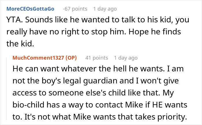 Reddit exchange about a man guilt-tripping a woman over adopted child, discussing legal guardian rights. Reddit exchange about a man guilt-tripping a woman over adopted child, discussing legal guardian rights.
