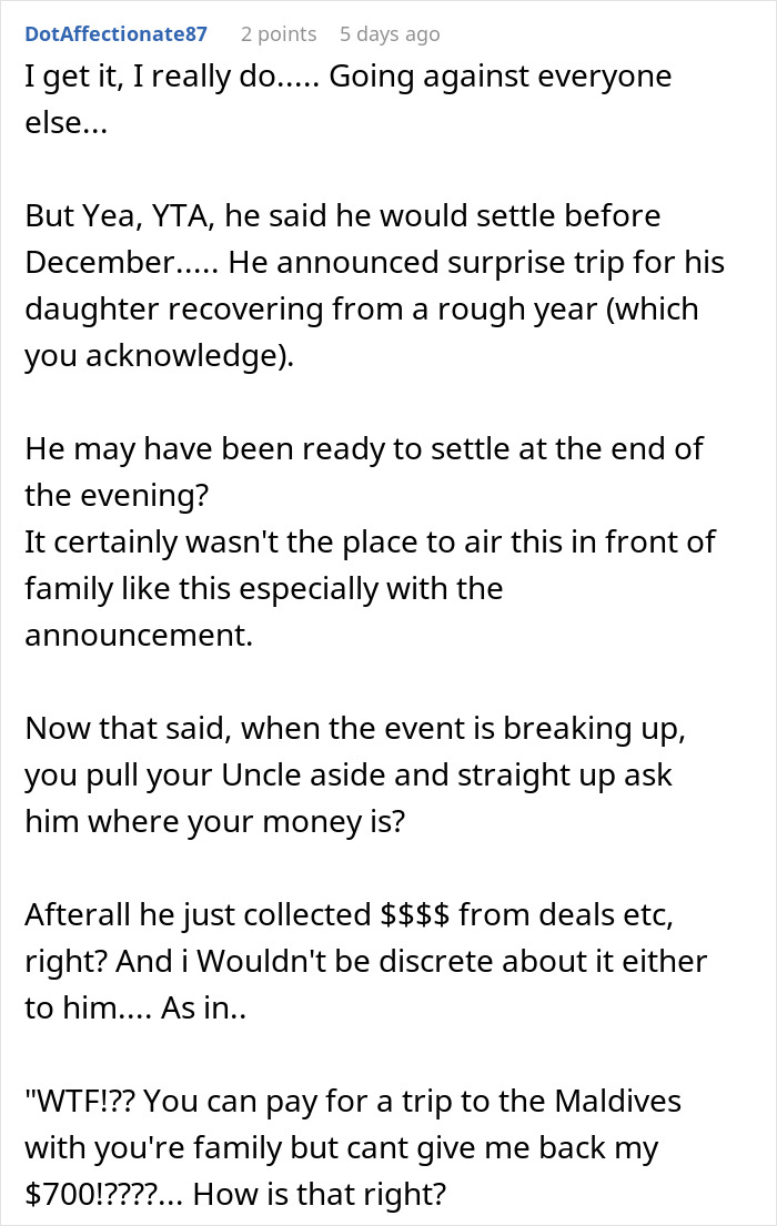 Person Confronts Uncle Over Unpaid Debt At Family Dinner, Celebration Turns Into Shock Person Confronts Uncle Over Unpaid Debt At Family Dinner, Celebration Turns Into Shock