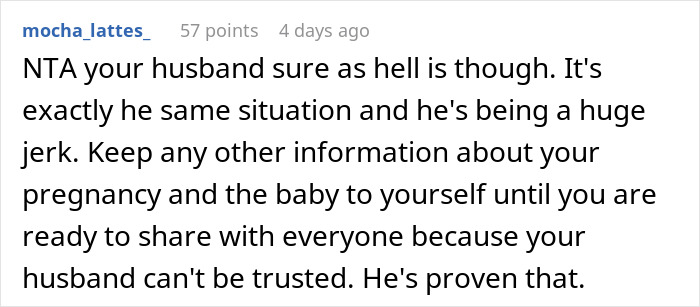 Reddit comment discussing pregnancy privacy and trust issues in relationships. Reddit comment discussing pregnancy privacy and trust issues in relationships.