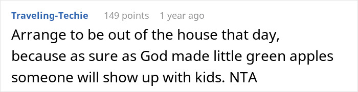 Text message from Traveling-Techie urging someone to avoid being home to escape family pressures to care for kids. Text message from Traveling-Techie urging someone to avoid being home to escape family pressures to care for kids.