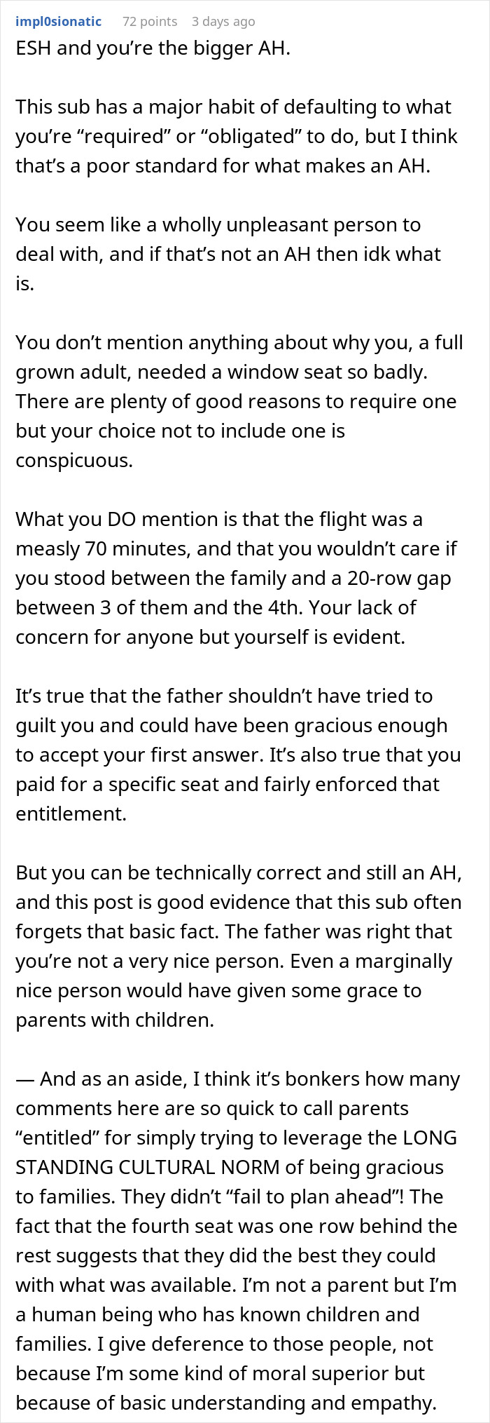 Reddit comment criticizing refusal to switch airplane seats, highlighting issues of entitlement and empathy. Reddit comment criticizing refusal to switch airplane seats, highlighting issues of entitlement and empathy.