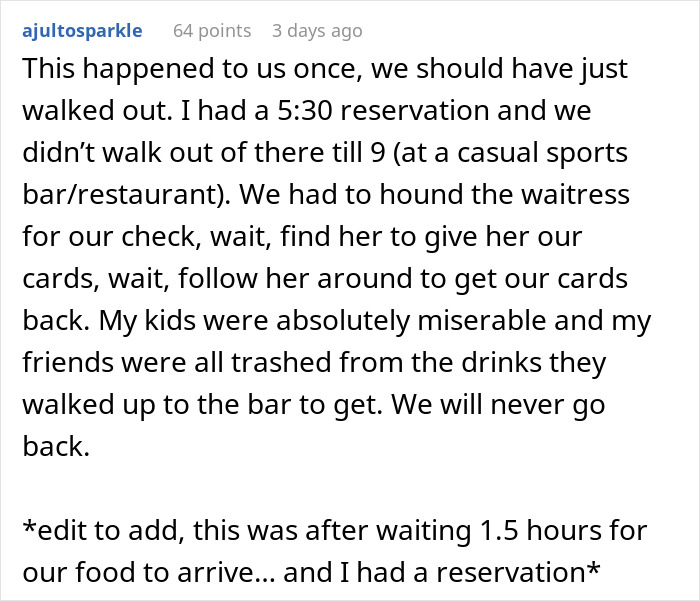Text post about a long wait at a restaurant reservation, leading to dissatisfaction. Text post about a long wait at a restaurant reservation, leading to dissatisfaction.