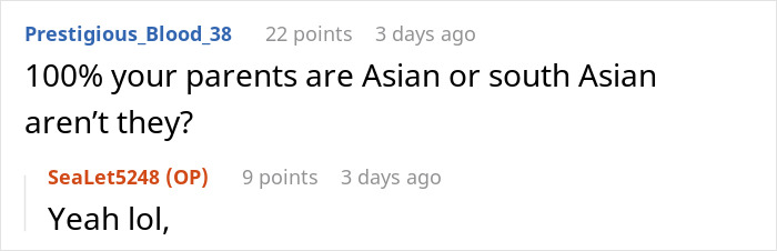 Reddit comment discussing assumptions about Asian or South Asian parents in relation to a family situation. Reddit comment discussing assumptions about Asian or South Asian parents in relation to a family situation.