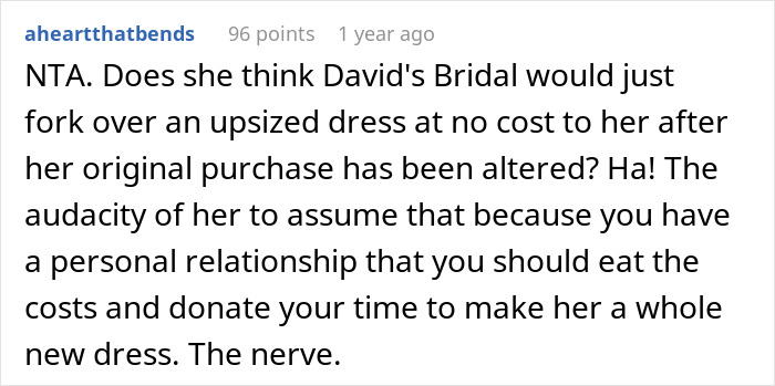 Text from a forum discussing a bridal shop owner's refusal to make a free wedding dress for a cousin. Text from a forum discussing a bridal shop owner's refusal to make a free wedding dress for a cousin.