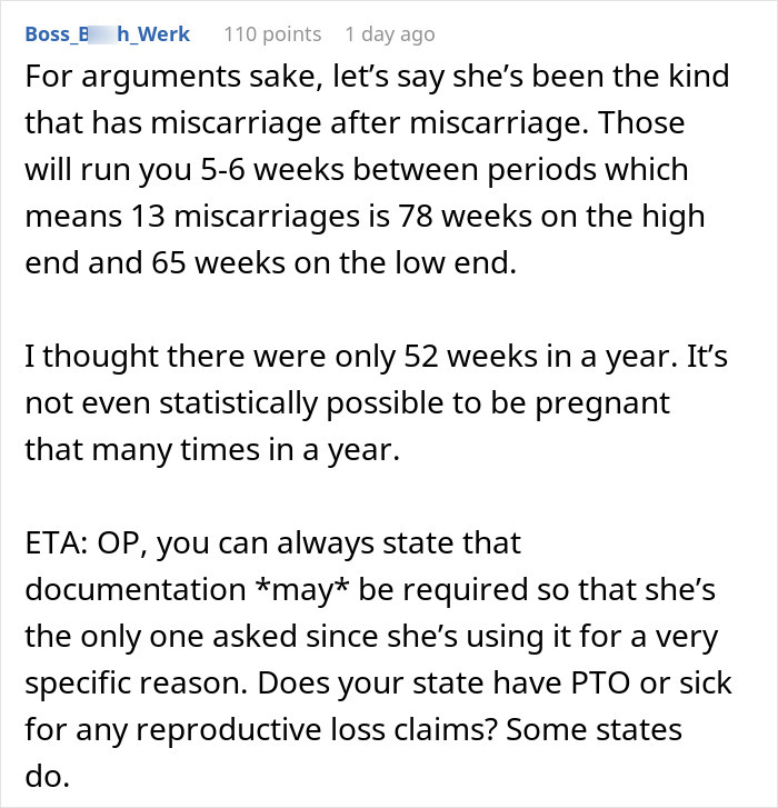 Reddit post discussing bereavement leave policies for employees after a fetal miscarriage. Reddit post discussing bereavement leave policies for employees after a fetal miscarriage.