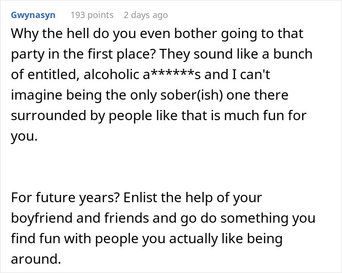 Text from an online discussion expressing frustration over family New Year's Eve drama. Text from an online discussion expressing frustration over family New Year's Eve drama.