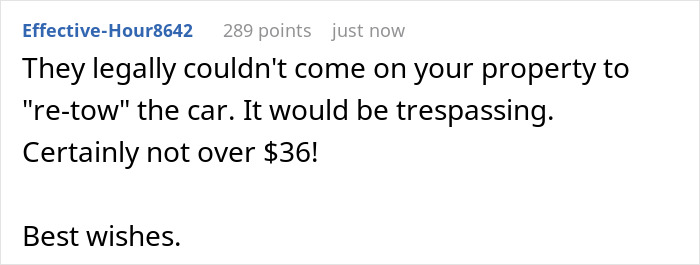 Comment about towing company threatening to tow a car over $36, mentioning trespassing concerns. Comment about towing company threatening to tow a car over $36, mentioning trespassing concerns.