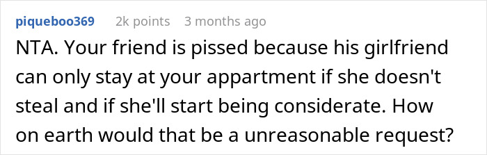 Reddit comment expressing frustration about a woman eating boyfriend’s roommates' food. Reddit comment expressing frustration about a woman eating boyfriend’s roommates' food.