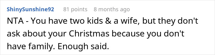 Reddit comment discussing family dynamics and holiday issues with in-laws. Reddit comment discussing family dynamics and holiday issues with in-laws.