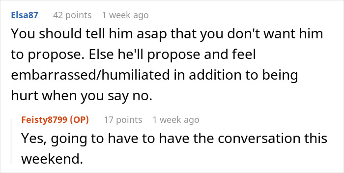Reddit comments discussing a ring proposal and engagement conversation timing. Reddit comments discussing a ring proposal and engagement conversation timing.