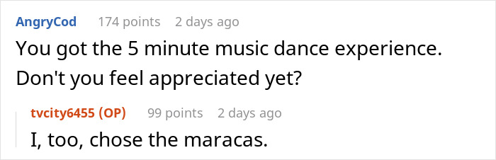 Reddit comments discuss a company's appreciation potluck, mentioning maracas and a music dance experience. Reddit comments discuss a company's appreciation potluck, mentioning maracas and a music dance experience.