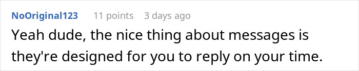 Comment criticizing entitled coworker for messaging expectations. Comment criticizing entitled coworker for messaging expectations.