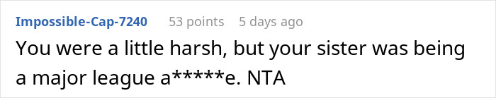 Text from an online forum comment discussing a baby-related disagreement between siblings. Text from an online forum comment discussing a baby-related disagreement between siblings.