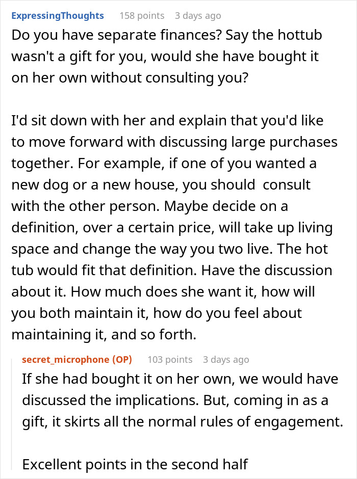 Text exchange discussing financial decisions and maintaining expensive gifts. Text exchange discussing financial decisions and maintaining expensive gifts.