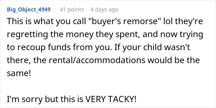 Text comment about parents' shock over a hefty vacation bill and buyer's remorse. Text comment about parents' shock over a hefty vacation bill and buyer's remorse.