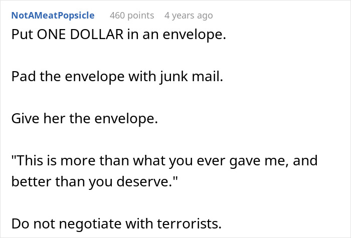 Comment suggesting how to respond to toxic mom's inheritance demand. Comment suggesting how to respond to toxic mom's inheritance demand.