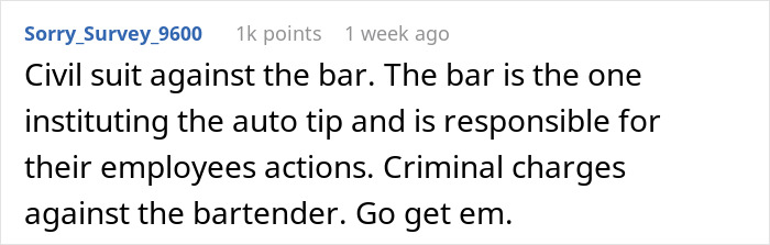 Comment about civil suit and bartender attack over auto tip refusal. Comment about civil suit and bartender attack over auto tip refusal.
