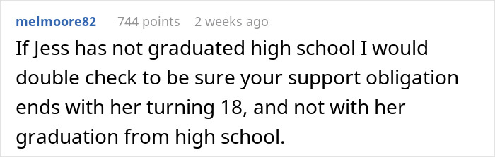 Reddit comment discussing 18-year-old's financial support related to high school graduation. Reddit comment discussing 18-year-old's financial support related to high school graduation.
