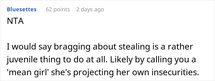 Reddit comment discussing labeling someone a "mean girl" for excluding a kleptomaniac. Reddit comment discussing labeling someone a "mean girl" for excluding a kleptomaniac.