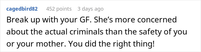 Text comment defending gun threat against intruders, praising decision for prioritizing safety over criminals' concern. Text comment defending gun threat against intruders, praising decision for prioritizing safety over criminals' concern.