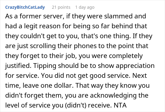 Text response discussing forgotten service and tipping. Text response discussing forgotten service and tipping.
