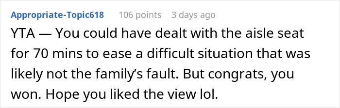 Text comment about refusing to switch an aisle seat with a family on a flight. Text comment about refusing to switch an aisle seat with a family on a flight.