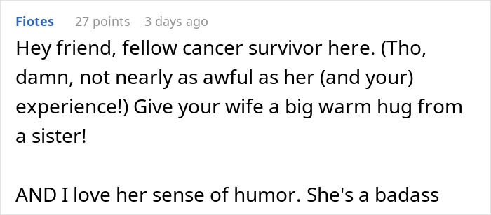 Text comment from user discussing cancer survival and offering supportive words. Text comment from user discussing cancer survival and offering supportive words.