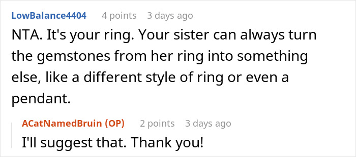 Reddit comment discussing a sister's refusal to give up an heirloom ring, suggesting gemstone customization. Reddit comment discussing a sister's refusal to give up an heirloom ring, suggesting gemstone customization.