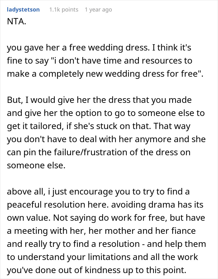 Discussion on bridal shop owner's refusal to make a second free wedding dress, causing family tension. Discussion on bridal shop owner's refusal to make a second free wedding dress, causing family tension.