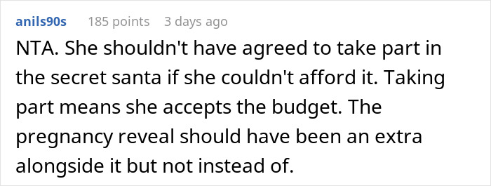 Comment discussing why a pregnancy announcement shouldn't replace a Christmas present. Comment discussing why a pregnancy announcement shouldn't replace a Christmas present.