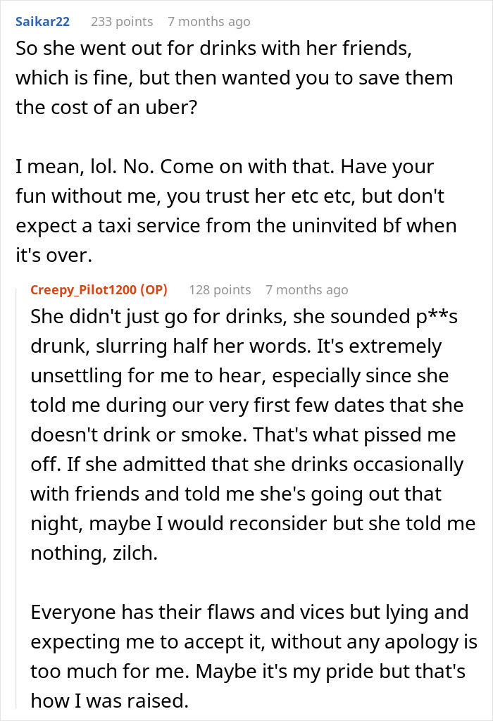 Text exchange about refusing to be girlfriend's emergency ride after lying about drinking. Text exchange about refusing to be girlfriend's emergency ride after lying about drinking.