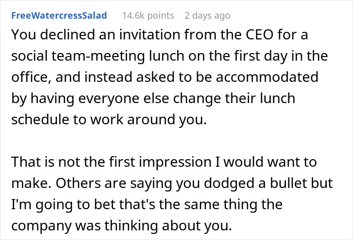 Text post discussing rejection for preferring to eat lunch in office, mentions CEO's invitation and first impression concerns. Text post discussing rejection for preferring to eat lunch in office, mentions CEO's invitation and first impression concerns.