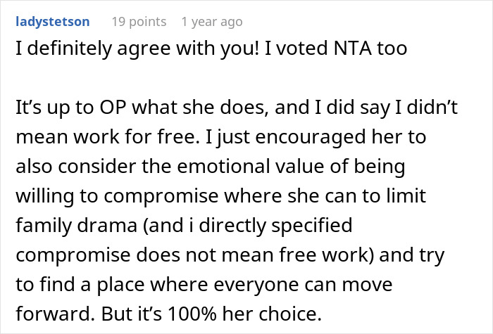 Comment discussing bridal shop owner's decision on family conflict over free wedding dress. Comment discussing bridal shop owner's decision on family conflict over free wedding dress.