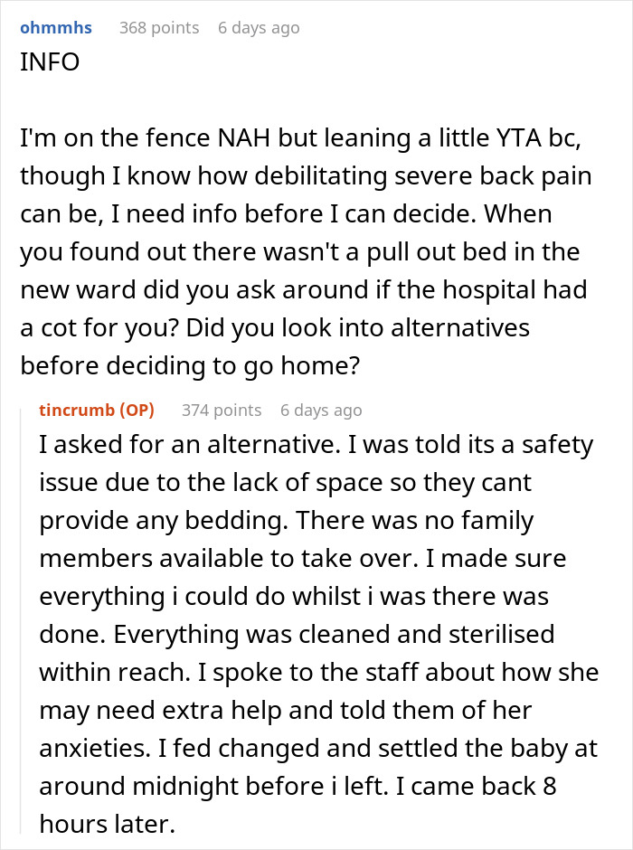 Text-based discussion about whether a man should have stayed with his wife after her C-section. Text-based discussion about whether a man should have stayed with his wife after her C-section.