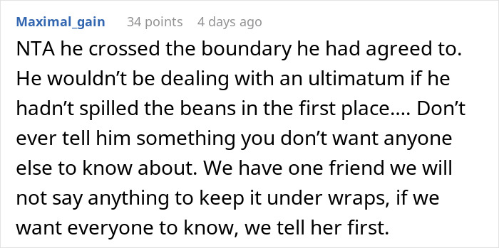 Reddit comment discussing a man ignoring a wife's plea to keep pregnancy private, leading to family issues. Reddit comment discussing a man ignoring a wife's plea to keep pregnancy private, leading to family issues.